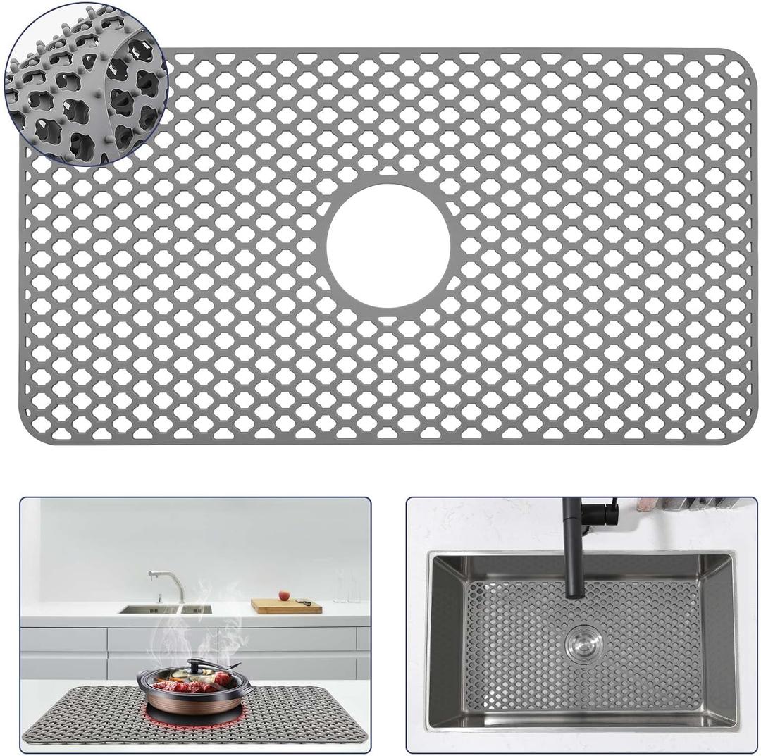 Silicone Sink Protector 28.5"x15.2" Center Drain Hole, Heat Resistant Non-slip Dishwasher Suitable, Large Mat for Bottom of Farmhouse Kitchen Stainless Steel Sink