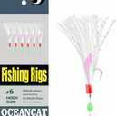 OCEAN CAT 6 Hooks/Pack Fishing Rigs Freshwater Saltwater Rainbow Soft Rubber Skin Colorful Silks Feather Rigs with Carbon Steel String Hooks Glow Beads Fishing Lures Baits Tackle (8#)