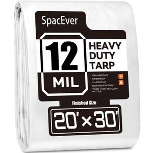 Tarp Heavy Duty 20x30 FT, 12 Mil Thick Large Tarps Water-Proof with Grommets, UV& Tear Resistant, Plastic Cover for Pool Roof Tent Outdoor Firewood, White