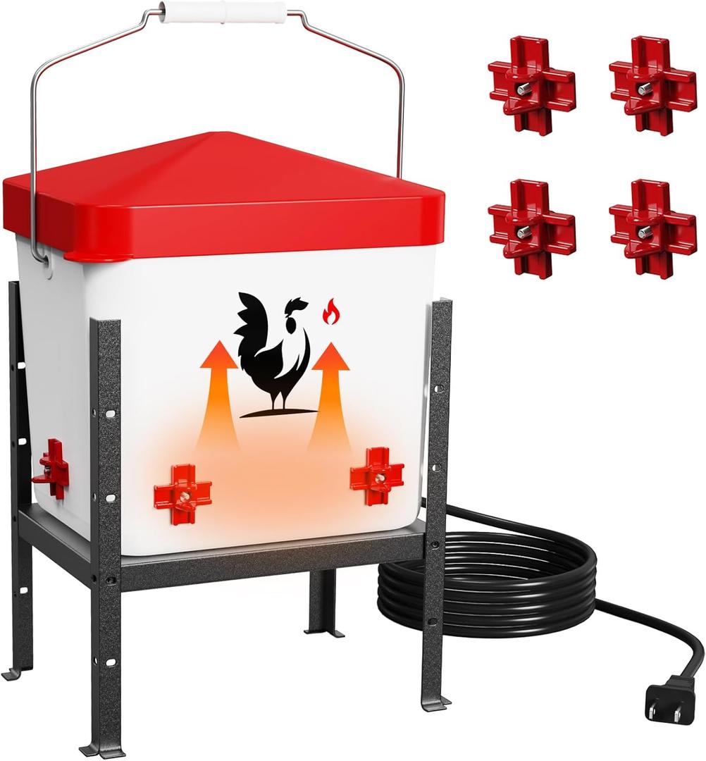 Heated Chicken Waterer, 1.9 Gallon PoultryWater Heater for Winter with 4 Horizontal Nipples, Thermostatically Controlled, 3 Adjustable Heights, Anti-Freezing Watering System for Coop Accessorie