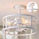 REDSTAR 15" Caged Ceiling Fans with Lights and Remote Flush Mount, White Round Industrial Ceiling Fan Light Fixture, Small Bladeless Ceiling Fan for Bedroom, Kitchen, Indoor, 15in