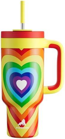 POWCAN 40 oz Tumbler with Handle, 2-in-1 Straw and Sip Lid, Leakproof, Dishwasher Safe, Insulated Stainless Steel Travel Coffee Mug, Keeps Cold for 34 Hours, Fits in Car Cup Holder (Fiery Love)