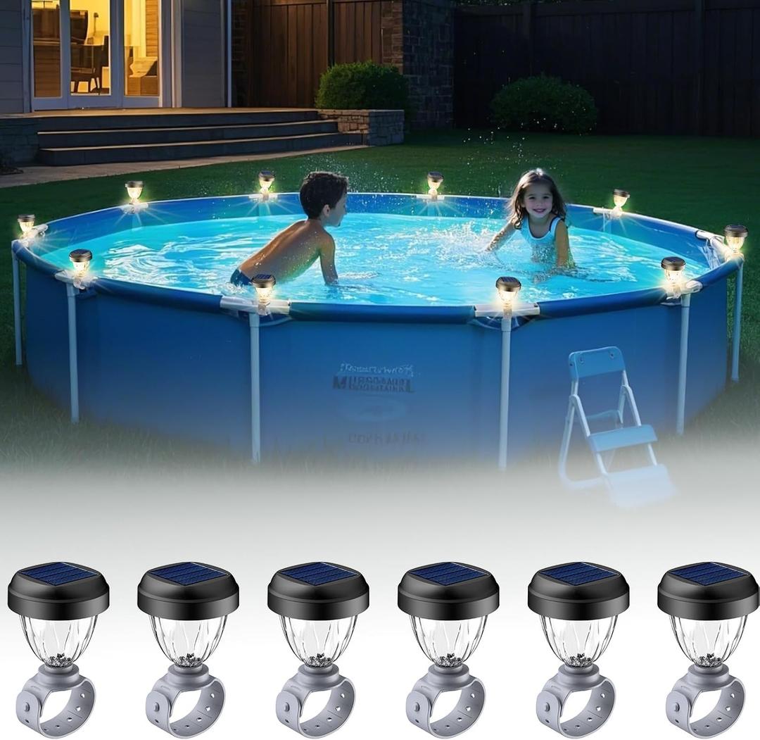 Solar Pool Lights for Above Ground Pools, LED Energy Saving Warm White Light, Waterproof for Frame Swimming Pools Night Accessories (6 Pcs)