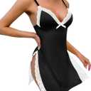 Sexy Split Side Floral Lace Trim Full Slip Night Gown Babydoll Lingerie Dress with Thong 2 piece (XX-Large, Black White)