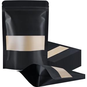 FireKylin 100 Pcs Resealable bags,5.5" x 7.9" Stand Up Black Paper Bags with Matte Window, Zipper Food Storage Bags for Packaging Products, Reusable, Sealable