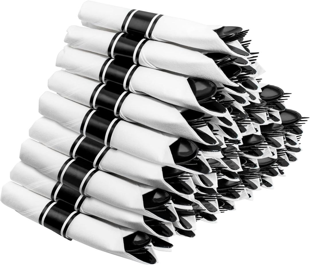 Supernal 60 Pack Hevy Duty Rolled Black/White  Plastic Silverware,Pre Wrapped Cutlery with Napkins, Rolled Plastic Forks and Spoons, Black Disposable Silverware Suit for Party, Birthday
