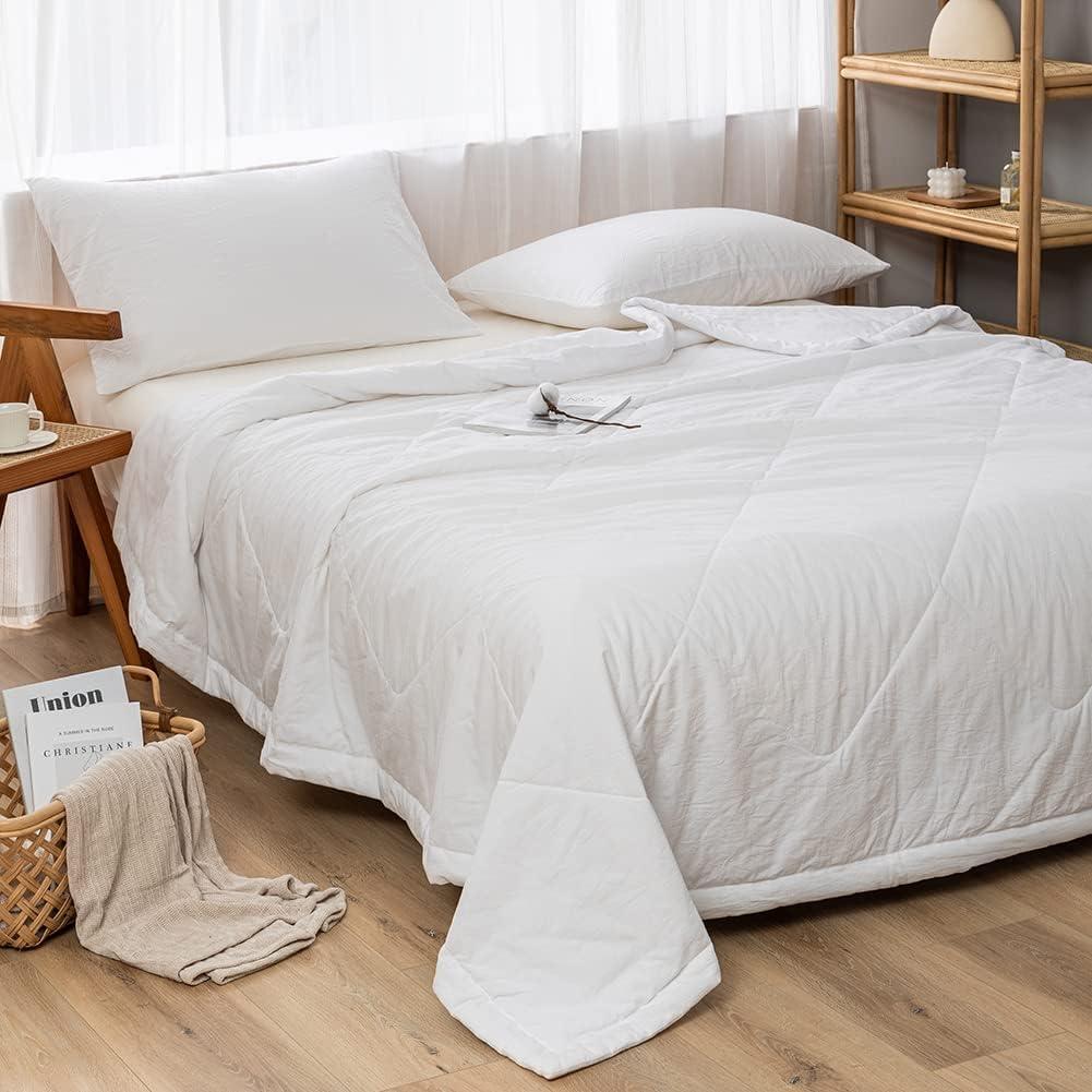 NTCOCO Summer Lightweight Comforter Set,Thin Quilt,100% Washed Cotton,Machine Washable,Soft Comfy Breathable Can Sleep Naked(Queen,Pearl White