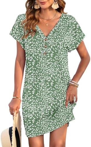 MOLERANI Women's Casual T Shirt V Neck Dress Mini Sundresses 2026 Summer Button Short Sleeve Dresses, L