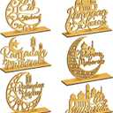 Hoolerry 6 Pcs Eid Mubarak Party Decoration Hollow Ramadan Table Centerpieces Moon Star Wooden Letters Wooden Plaque Ornament for Eid Mubarak Ramadan Home Room Decor Craft (Yellow)