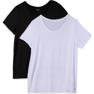 Amazon Essentials Women's Active Quick Dry Tech Stretch Short-Sleeve V-Neck T-Shirt, Pack of 2 (Large, Black/White)