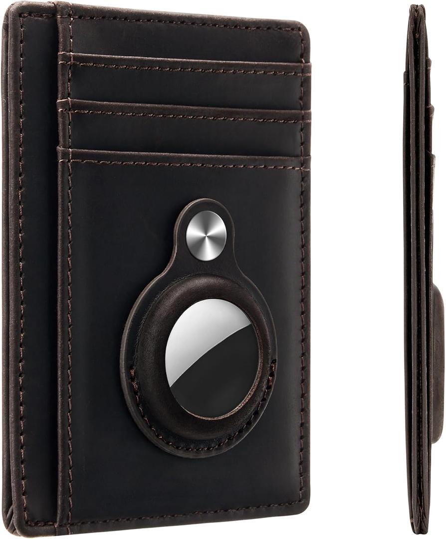 Hawanik Slim Minimalist Front Pocket Air Tag Wallet, RFID Blocking Card Holder Wallet with Airtag Holder (Genuine-leather Coffee Color)