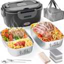 Geveniss Electric Lunch Box for Men, Women & Adults - 80W Fast Heating - Heated Lunch Box with Dual 1.5L SS Containers - Portable Food Warmer for Car, Truck, Office (Black)