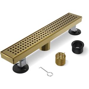 Gold Shower Drain, 18 Inch Linear Shower Drain with Removable Square Hole Cover Grate, Bathroom Modern 304 Stainless Steel Brushed Gold Shower Floor Drain with Adjustable Feet,Hair Filter