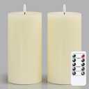Flameless Flickering 4" x8" Real Wax Ivory Remote Candles with Candle Grease, Pack of 2 Timer LED Battery Operated Fake Warm Light Pillar Candles for Home, Banquet, Ceremony Decoration