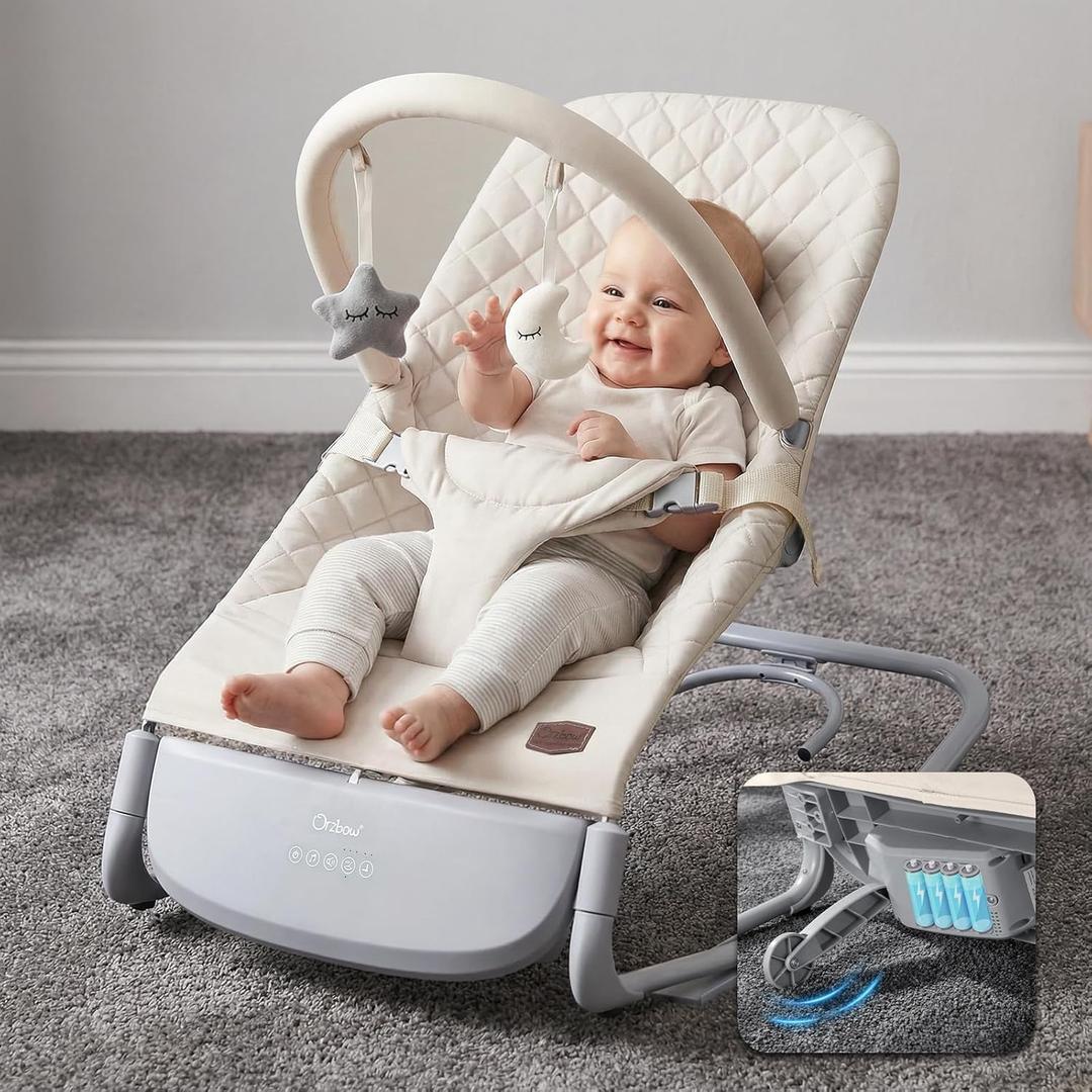 Electric Baby Rocker Chair & Infant Seat, 3-Speed Auto-Rock, Up to 20 lbs | Timer 30/60Min, 8 Soothing Melodies, 3 Recline Positions, 5 Volume Levels, Battery or Plug-In Powered, Machine-Washable Cover