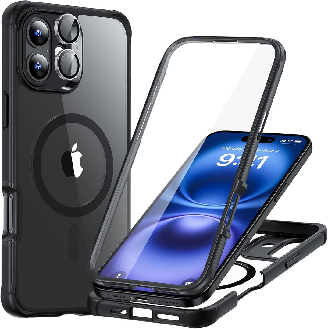 ESR for iPhone 16 Plus Case, Compatible with MagSafe, Full-Body Military-Grade Drop Proof Case with Built-in 9H+ Tempered Glass Screen Protector, Armor Series, Clear Black