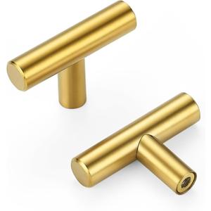 15 Pack Gold Cabinet Knobs 2 Inch - Brushed Brass Drawer Knobs Single Hole Gold T Bar Hardware Drawer Pulls for Kitchen Cabinets and Dressers