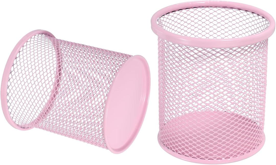 uxcell 2Pcs Mesh Pencil Holder, Metal Pen Cup Desk Organizer Makeup Brush Cup Holder for Home, Office, Classroom(Pink)