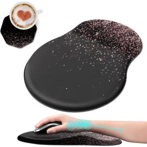 Ergonomic Mouse Pad with Wrist Rest Support + Cup Coasters,Thick Mousepad Relief Carpal Tunnel Pain, Mouse Pad with Non-Slip PU Base, Computer Mouse Pads for Wireless Mouse,Rose Gold Glitter Black