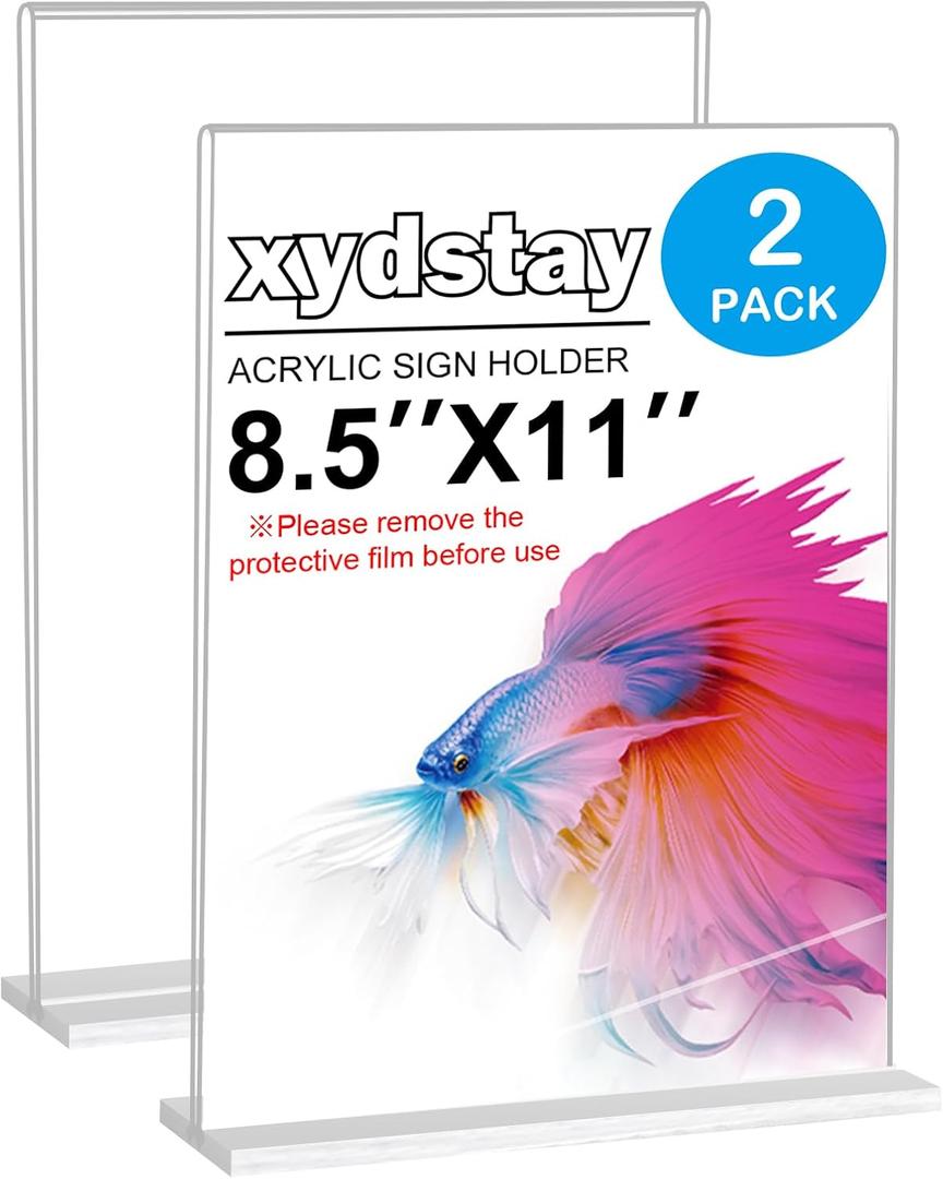 xydstay 8.5 x 11 Acrylic Sign Holder 2 Pack, Vertical T Shape Clear Plastic Menu Holder, Table Display Stand for Restaurant, Office, School, Store and Home Use