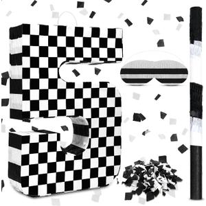 Lewtemi Race Car Number 5 Piata Small Checkered Race Car Birthday Party Decoration Black and White Racing Piata with Stick Confetti Eye Mask for Celebration 15.3 x 10.6 x 2.8 Inch