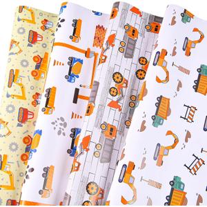 4 x Titiweet Construction Wrapping Paper - 12 Sheets Truck & Tractor Paper for Boys, Kids Birthday Holiday, 20 x 28 Inches Per Sheet
