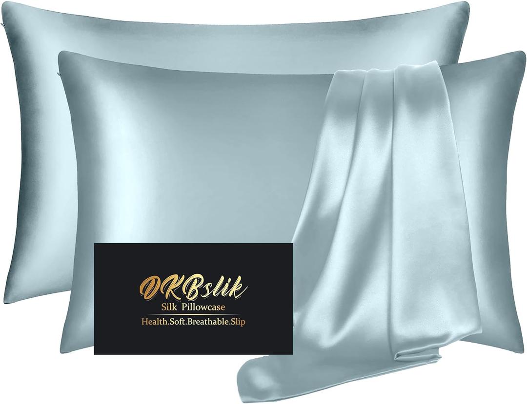 Silk Pillow Cases 2 Pack, Mulberry Silk Pillowcases Standard Set of 2, Smooth, Anti Acne, Beauty Sleep, Both Sides Natural Silk Satin Pillow Cases for Women 2 Pack with Zipper for Gift, Aqua Blue
