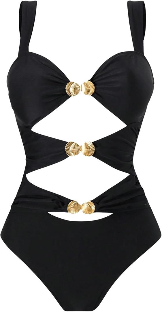 WDIRARA Women's Cut Out One Piece Swimsuit Ruched Bathing Suit Sexy Swimwear (Large, Black)