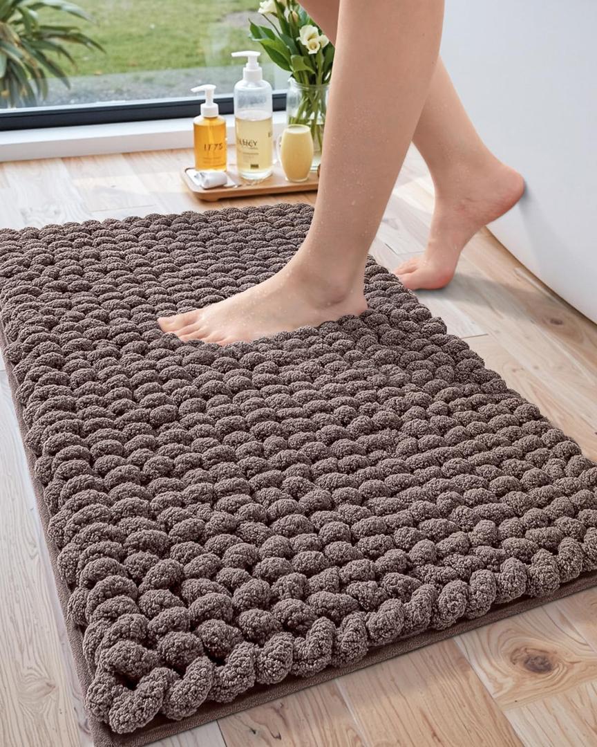LUMI Luxury Bathroom Rug, Ultra Soft Quick Dry Bath Mat, Non-Slip Absorbent Thick Chenille Bath Rug, Cozy Braid Design Floor Mat for Bathtub, Sink, Laundry, Bedroom, Brown, 17"x30"