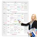 Dry Erase Vertical Three Month Laminated jumbo Wall Calendar, 46 x 63, Huge quarterly Laminated Erasable White Board, Giant 90 day Family Whiteboard Schedule Planner, Large Multi Month Reusable