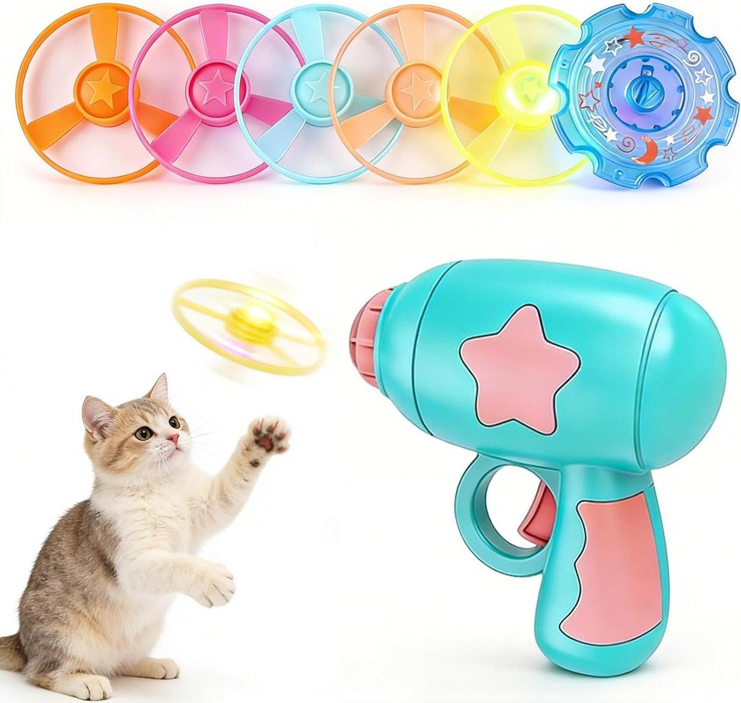 Bamboo Dragonfly Catapult Launcher, Cat Toy Spinning Flying Saucer Launcher, Interactive Cat Toy with Glowing LED for Pet Exercise & Nighttime Play