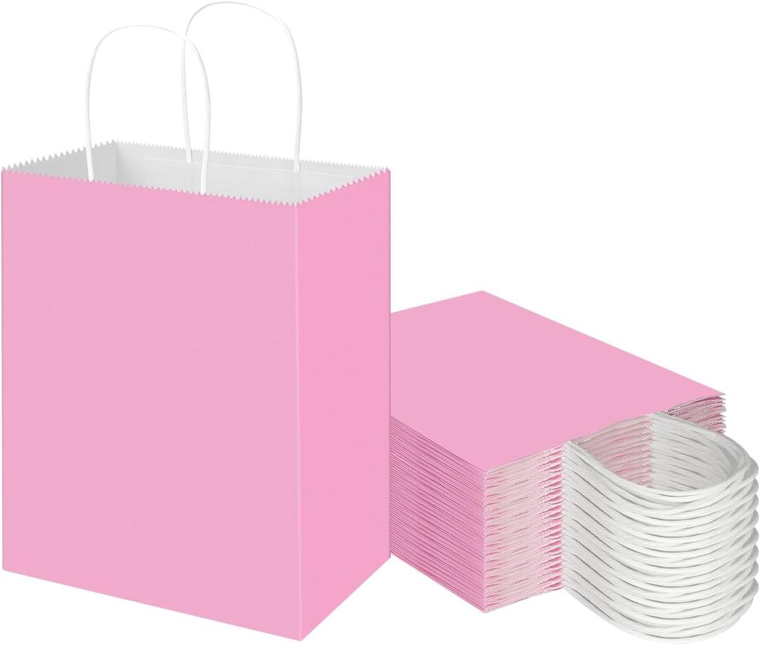 Toovip 50 Pack 8x4.75x10 Inch Medium Light Pink Kraft Paper Bags with Handles Bulk, Gift Bags for Birthday Party Favors Retail Grocery Shopping Business Goody Craft Merchandise Take Out Sacks