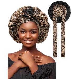 Satin Bonnet Silk Hair Bonnets 7 7/8-8 Reversible Satin Bonnet (Leopard)