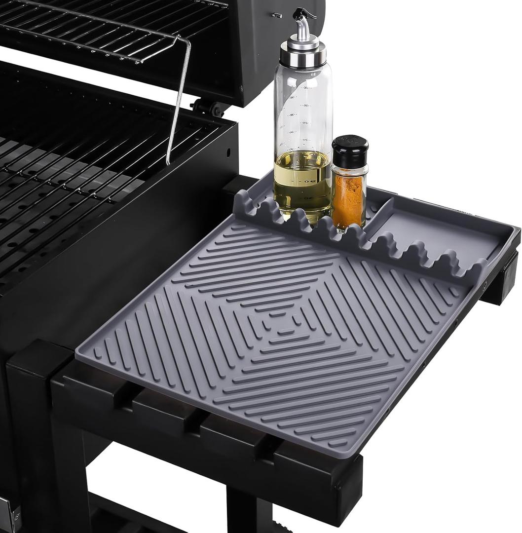 Griddle Mat Barbeque Grill Accessories Tools for Blackstone, Side Shelf Mat Grill Pad for Outdoor Grill Kitchen Counter Spatula Silicone Mat with Drip Pad for Kitchen, Cooking, Countertop (Grey) 