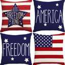 4th of July Pillow Covers 18x18 Inch,Set of 4 Patriotic Red White Blue Summer Outdoor Throw Pillow Covers,Independence Memorial Day USA Flag Linen Fourth of July Cushion Case for Sofa Couch Decor