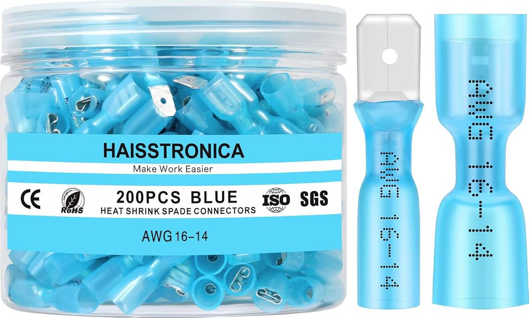 haisstronica 200PCS Blue Heat Shrink Spade Connectors,AWG 16-14 Heat Shrink Spade Terminlas Kit, Speaker Wire Connector, Male and Female Electrical Quick Disconnect Wire Connectors