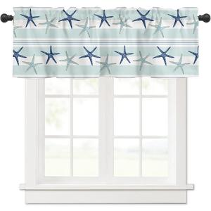 Summer Coastal Starfish Curtain Valances for Kitchen Windows Blue Nautical Beach Rod Pocket Valance Window Treatments 1 Panel Short Toppers Curtains 54x18 Inch for Bedroom Bathroom Living Room Decor