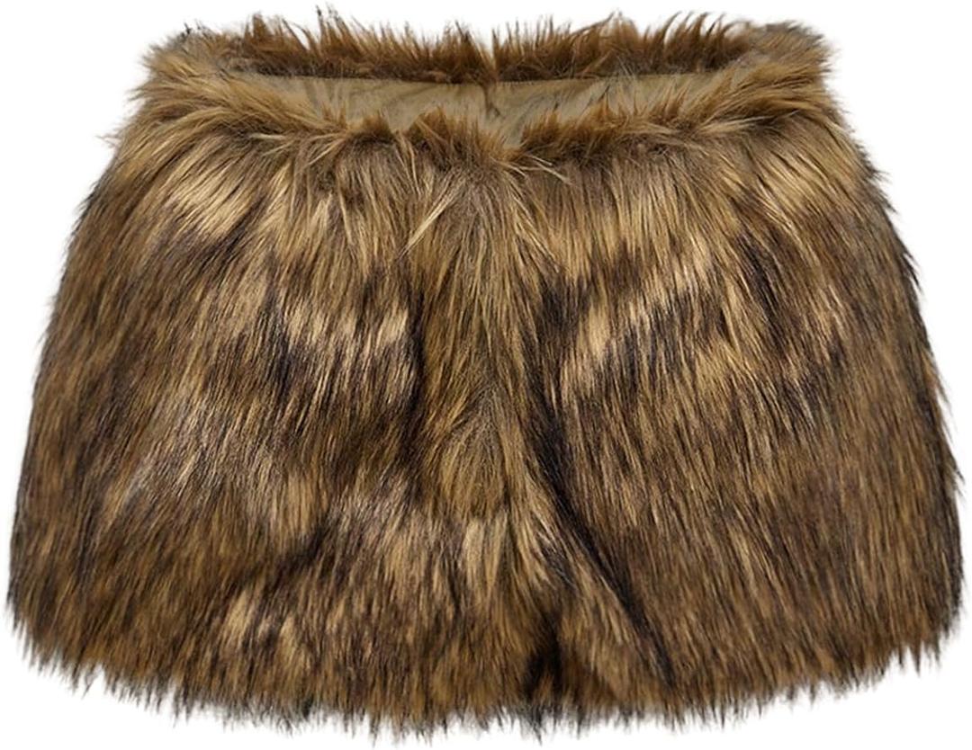 Women's Y2K Faux Fur Low Rise Mini Shorts Party Club Grunge Gothic Booty Shorts Skort (Brown, Medium)