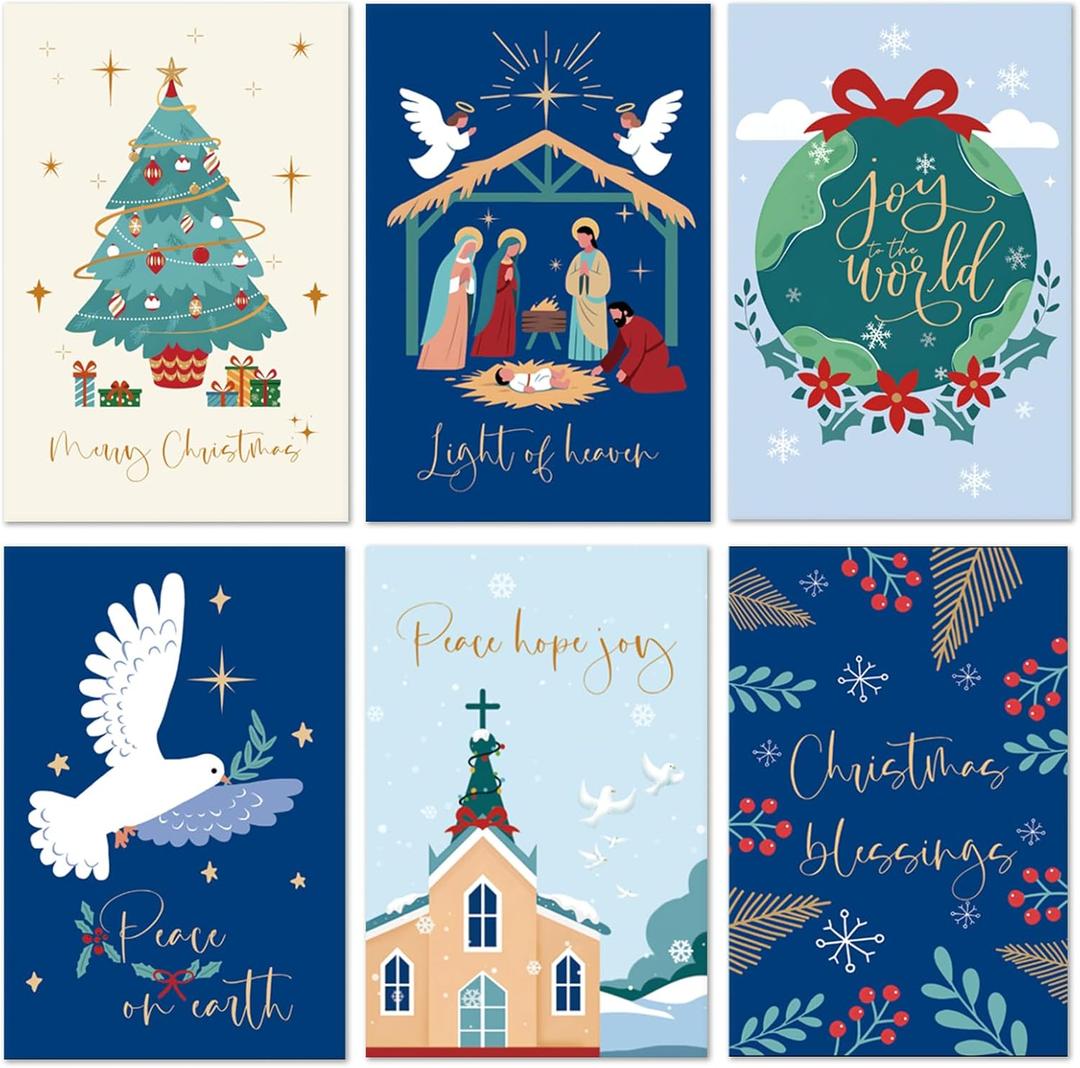 24 Pack Christian Christmas Cards, Religious Holiday Card Set with 6 Designs (Printed Blessings Inside), Boxed Christmas Greeting Cards for Church, Pastors, Friends & Family