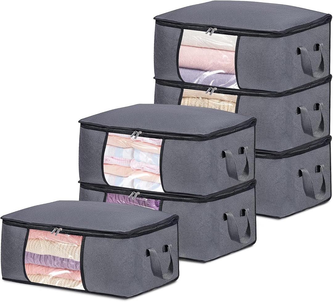 6 Pack Clothes Storage Bags with Zipper, Foldable Blanket Storage Box with Clear Window Reinforced Handles for Closet, Dorm, Pillows, Bedding, Sheet, Comforter, 45L Gray