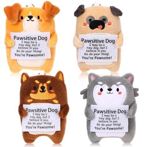 RoundFunny Mini Dog Plush Set of 4 Graduation Mother's Day Nurses Week Gifts for Women Teacher Coworker Stuffed Animal with Positive Cards Desk Decor Inspirational Gift for Dog Lovers