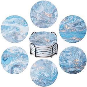 Hoewina 6Pcs Drink Coasters with Holder, Marble Style Ceramic Drink Coaster, Absorbent Coasters Set Suitable for Kinds of Cups, Modern Style Coaster for Coffee Table, 4 Inches（Style 9）