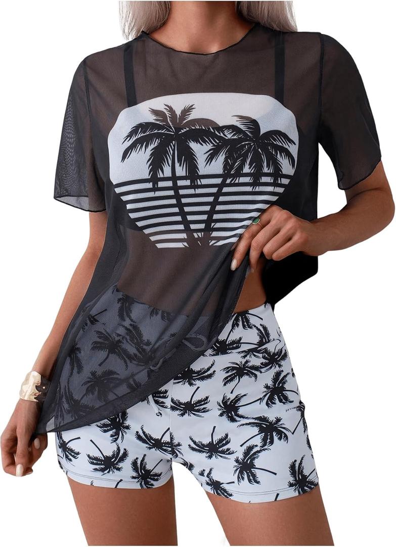 Women's 3 Piece Swimsuit Tree Print High Waisted Bikini Bathing Suit with Mesh T-Shirt Cover Up and Short (Large)