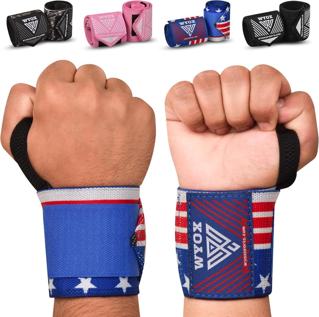 WYOX Weightlifting Wrist Wraps 12" Professional Quality Wrist Support with Heavy Duty Thumb Loop Best Wrap for Powerlifting Competition Strength Training Bodybuilding Gym Workout Bands for Stability (USA Flag)