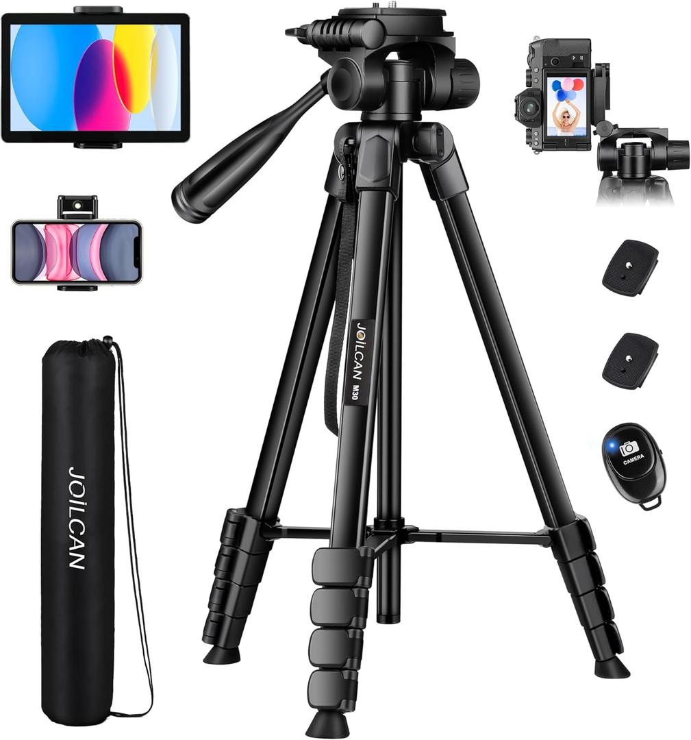 JOILCAN Camera Tripod, 68" Tablet Tripod Stand for Phone Cameras, Travel Tripods Compatible with iPad iPhone DSLR SLR Projector, Cell Phone Tripods Stand with Remote/Travel Bag / 2 in 1 Mount (Black)