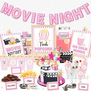 K KUMEED Movie Night Party Decorations-Pink Movie Night Banner Cute Popcorn Sign Ice Cold Drink Toppings Tent Cards Movie Night Stickers for Movie Theme Party Summer Ice Bar Film Party Supplies