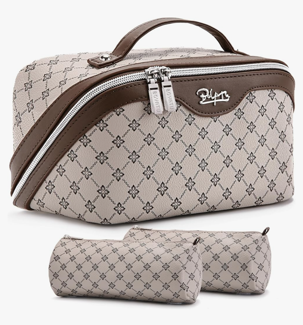 BOYATU Travel Makeup Bag Cosmetic Bags for Women: 3 Pcs Set Large Capacity Make up Bag with Handle - Vegan Leather Toiletry Bags with Compartments - Makeup Organizer for Travel Essentials(A-2-Khaki)