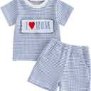 Nibbcoa Toddler Baby Boy Mothers Day Outfit I Love Mom Embroidery Waffle Knit T Shirt Shorts Set Cute Summer Clothes (Blue, 18-24 Months)