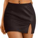 LILLUSORY Womens Leather Mini Fall Skirt with Slit (X-Large, Brown)