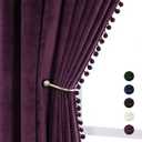 VANASEE Pompom Velvet Curtains for Bedroom Rod Pocket 52x84 inch Soft Blackout Window Curtains Room Darkening Drape Light Blocking for Living Room 2 Panels,Purple